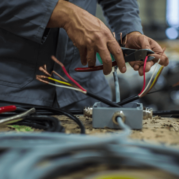 Close up of electrical wires being cut
